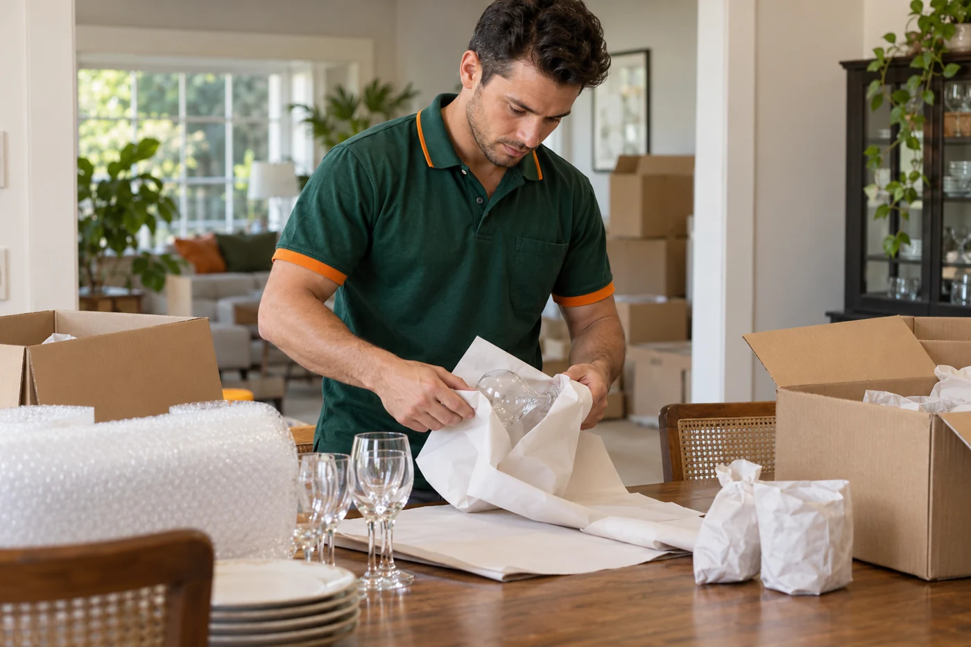 Mover carefully wrapping glassware in protective packing paper