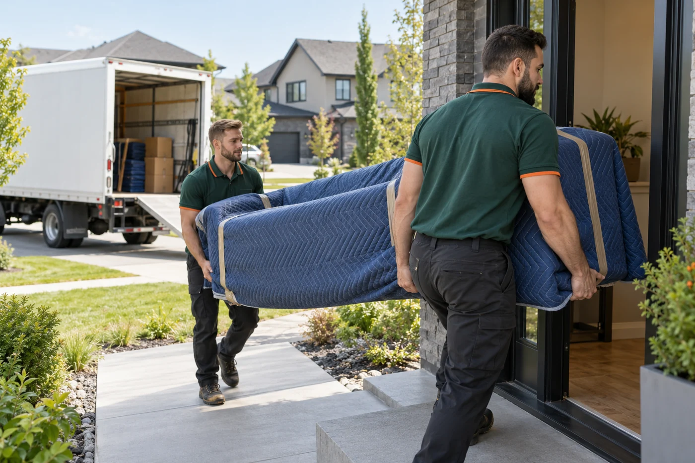 Movers carrying protected furniture into an Edmonton home