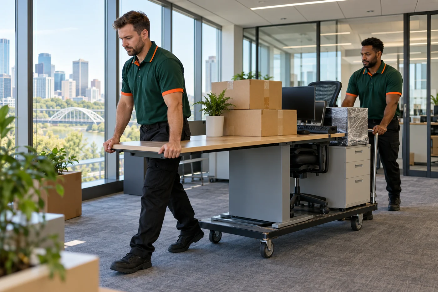 Professional movers relocating furniture in a modern office